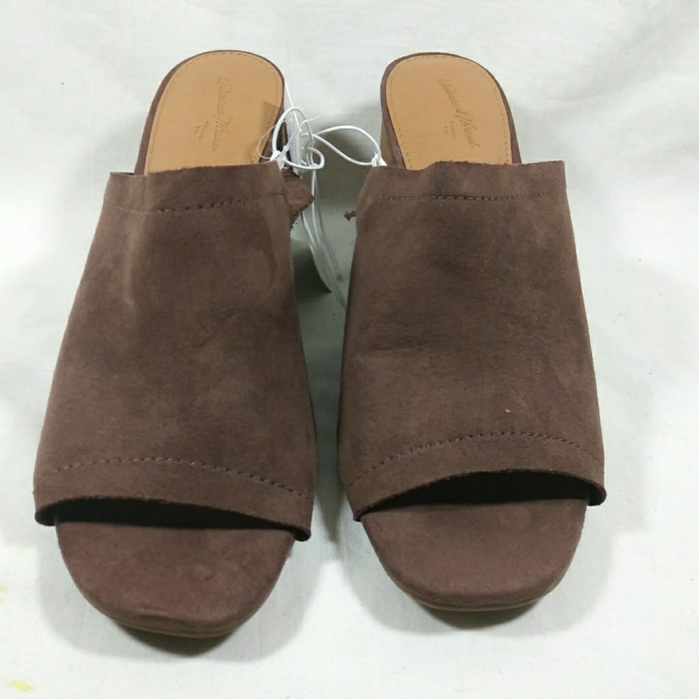 Brown Suede open toe slide heels sandals